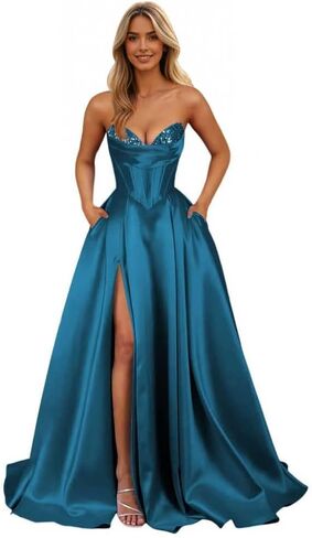 Strapless Satin Prom Dresses Long 2026 Sarin Corset Formal Evening Ball Gown with Slit in Saudi Arabia