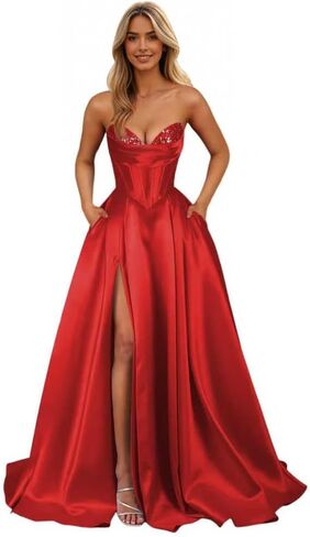 Strapless Satin Prom Dresses Long 2026 Sarin Corset Formal Evening Ball Gown with Slit in Saudi Arabia