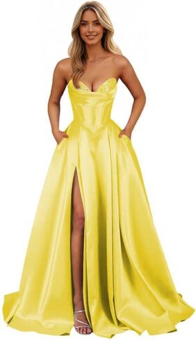 Strapless Satin Prom Dresses Long 2026 Sarin Corset Formal Evening Ball Gown with Slit in Saudi Arabia