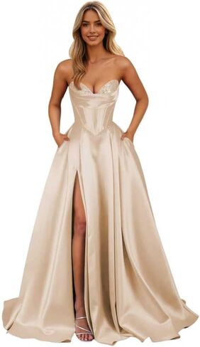 Strapless Satin Prom Dresses Long 2026 Sarin Corset Formal Evening Ball Gown with Slit in Saudi Arabia