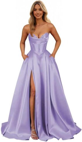 Strapless Satin Prom Dresses Long 2026 Sarin Corset Formal Evening Ball Gown with Slit in Saudi Arabia