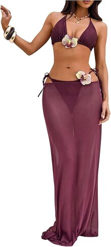 GORGLITTER Women's 3 Piece Swimsuits Floral Halter Triangle Bikini Set High Cut Thong Bathing Suit with Cover Up Skirt in Saudi Arabia
