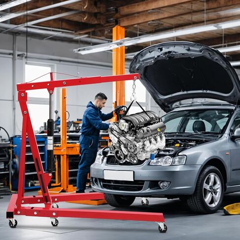 2 Ton Engine Hoist, Hydraulic Folding Cherry Picker, Heavy Duty 4400Lbs with Lever & 6 Casters for Workshop Garage Warehouse in Kuwait