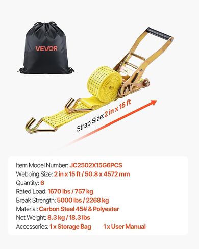 VEVOR 6 عبوات من أشرطة السقاطة مقاس 2 × 15 بوصة مع خطاف J مزدوج، قوة كسر 5000 رطل، حقيبة حمل، ربط للأسفل للتحرك، المقطورات، الدراجات النارية، قوارب الكاياك، سقف السيارة in Saudi Arabia