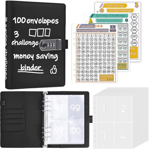Antner 100 Envelopes Money Saving Challenge Binder with Lock, A5 Savings Binder Challenge Book Budget Planner with Cash Envelopes for Money Saving - Password Lock to Protect Cash Security, Navy Blue in Kuwait