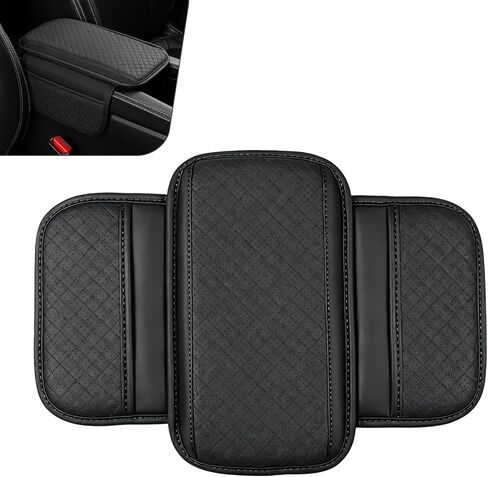 Car Center Console Cover, Perforated Leather Armrest Cushion with 2 Storage Bags, Plaid Arm Rest Box Pad, Car Armrest Storage Box Interior Accessories for Most Vehicles (Black) in Saudi Arabia