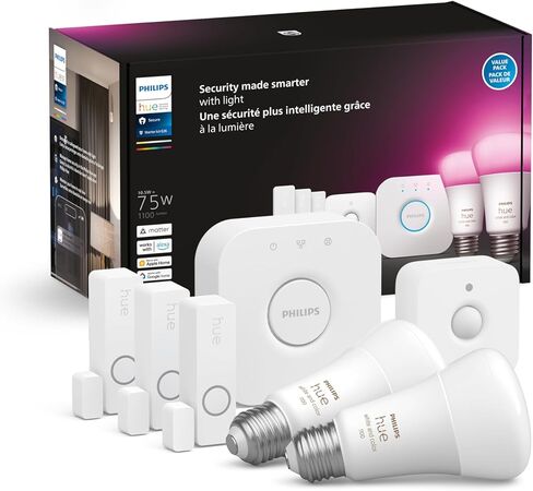 مجموعة أدوات التشغيل الآمنة من Philips Hue - تتضمن 3 أجهزة استشعار اتصال آمنة (أبيض)، 1 مستشعر حركة داخلي، 1 جسر، 2 لمبات ذكية بيضاء وملونة - سهلة التركيب، تعمل مع تطبيق Hue in Kuwait
