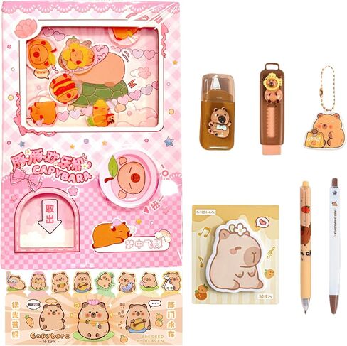 مجموعة قرطاسية كابيبارا مكونة من 8 قطع - مجموعة دفتر يوميات كابيبارا المرحة - مذكرات جاشابون لتخفيف التوتر مقاس 3.5 × 5 بوصة، قلم، ممحاة، دفتر ملاحظات لاصق، شريط تصحيح، سلسلة مفاتيح (وردي) in Kuwait