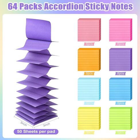 64 Pads Pop Up Sticky Notes Accordion Sticky Notes 3x3 Refills Lined 8 Bright Color Post Stickies Bulk Sticky Note with Lines Colorful Popup Notes for Dispenser, Home, Office, School, Meeting, Work in Kuwait