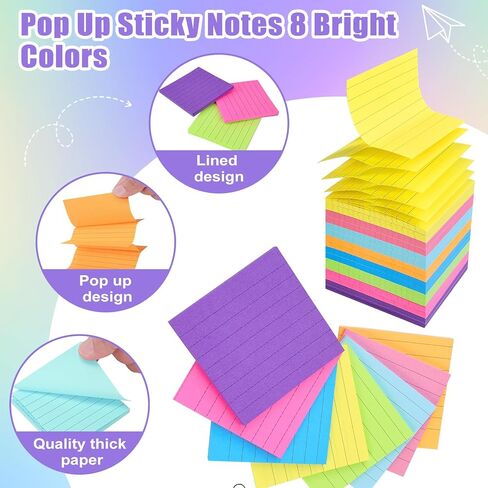 64 Pads Pop Up Sticky Notes Accordion Sticky Notes 3x3 Refills Lined 8 Bright Color Post Stickies Bulk Sticky Note with Lines Colorful Popup Notes for Dispenser, Home, Office, School, Meeting, Work in Kuwait