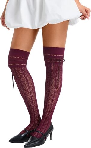 Diamond Tights With Bows,Goth Patterned Fishnet Stockings For Women,Cute Lace Knee High Socks in Saudi Arabia