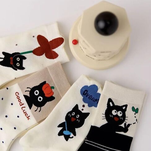 4 Pairs of Cute Cat Mid-Calf Socks for Autumn and Winter in Saudi Arabia