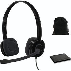 Logitech Headset H151 Wired Headset with Mic, Analog Stereo Headphones with Rotating Noise-Cancelling Microphone, 3.5 mm Audio Jack, in-Line Controls, Black, W/Storage Pouch and Cloth, Bulk Packaging