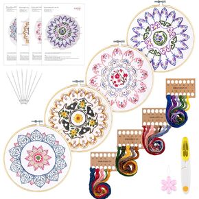 Whaline 4 Mandala Embroidery Starter Kit with Instruction Plum Blossom Chrysanthemum Orchid Lotus Needlepoint Cross Stitch Kit with Embroidery Hoop Threads Needle Scissors for Beginners DIY Craft