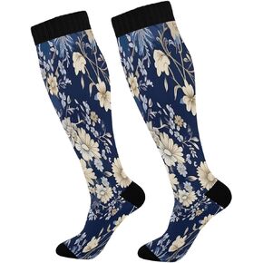 2 Pair Compression Socks for Women Men Travel 20-30 mmHg Knee High Socks Athletic Running Socks Ornamental Floral Design