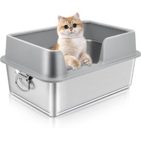Stainless Steel Litter Box with High Sides,Anti-Splashing Large Cat Litter Box with Handle,Non-Sticky Metal Litter Box,Anti-Leakage Big Litter Box,Kitty Litter Box (Grey, Large)