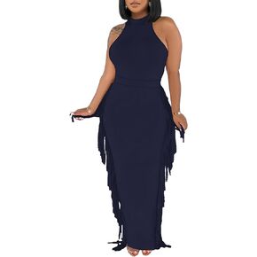 2 Piece Outfits for Women Sexy Halter Neck Sleeveless Crop Tops Ruched Bodycon Dresses Jumpsuits Fringe Skirt Sets