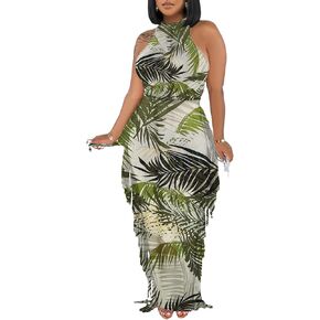 2 Piece Outfits for Women Sexy Halter Neck Sleeveless Crop Tops Ruched Bodycon Dresses Jumpsuits Fringe Skirt Sets in Saudi Arabia