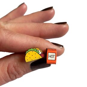 Taco Supreme & Hot Sauce Packet Mismatch Hypoallergenic Nickel Free Wood Stud Earrings Funny Mismatched Mexican Food Jewelry