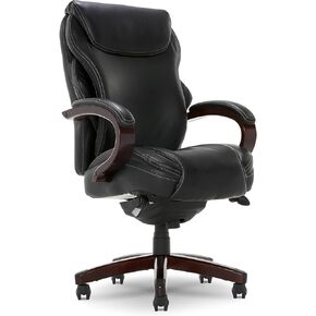La-Z-Boy Hyland Executive Office Chair with AIR Technology, Adjustable High Back Ergonomic Lumbar Support, Bonded Leather, Mahogany Wood Finish/Black