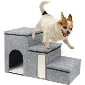 petizer Dog Stairs for Small Dogs, Foldable Pet Stairs for Couch/Bed with Storage Box, Condo and Cat Scratcher, Adjustable Non-Slip Dog Steps for Puppy, Cats, or Small Dog (3-Step,17" H)