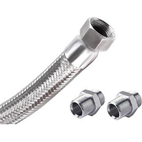 Compressor Jumper Hose, 20"Length 1" NPT Male - Flexible Industrial Grade Stainless Steel Hose with Two 1" Adapters, 450 PSI &750°F, Both Sides Fittings Rotate Freely