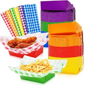 Whaline 240Pcs Rainbow Paper Food Trays Set with Plaids Deli Paper Sheets Colorful Disposable Food Trays Greaseproof Deli Paper Neon Birthday Party Treats Food Boats for Nacho Hot Dog Taco Fries
