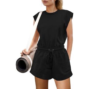 Yanekop Womens Athletic Romper Loose Crewneck Short Jumpsuit Open Back Summer One Piece Outfits with Pockets