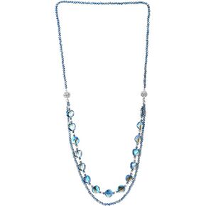 COOLSTEELANDBEYOND Crystal Beads Necklace, Long Blue Crystal Chain with Cubic Zirconia and Magnetic Clasp Detachable into Two Pieces