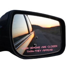 Set of 2 'Your Demons Are Closer Than They Appear' Warning Mirror Decal- Stylish Car Decor for a Bold Statement, Ideal Car Accessories and Driver Gift - 0.7x4 Inches (Pink)