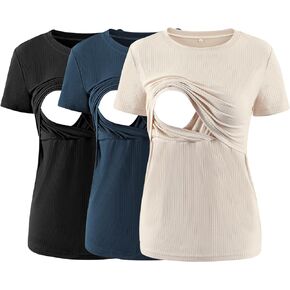 Ecavus Women's Nursing Tops Maternity Rib Knit T-Shirts Short Sleeves Breastfeeding Shirts Double Layer Pregnancy Tee 3 Pack