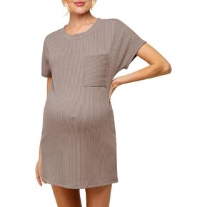 Onedreamer Women's Maternity Dress Rib Knit Front Pocket Dolman Short Sleeve T Shirts Dress