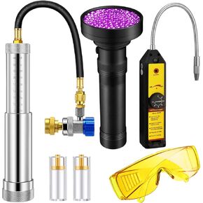 A/C Oil and Dye Injector and Leak Detector Kit with Adjustable Coupler and Oil Checkers and Leak Detector with UV Light and Protective Glasses for R134A R1234YF Refrigerant System
