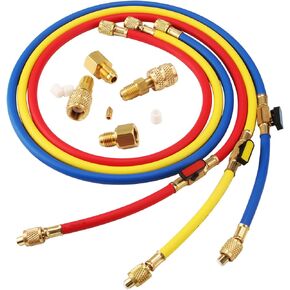 Lichamp 3 Pieces 5FT AC HVAC Manifold Gauge Hose Kit with Ball Valve Tension Hose and 4 Pieces Hose Adapters Fits R134A R410A R404A R12 R22 R502 R1234YF Refrigerants