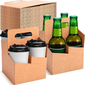 Jetec 50 Pcs 4 Cup Drink Carrier with Handle 12-16 oz Cup Carriers for Drinks Kraft Paperboard Cup Holder Disposable Cup Holder Bulk for Drinks Food Delivery Oktoberfest Party Supplies(Brown)