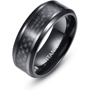 8mm Men's Black Titanium Wedding Band Carbon Fiber Inlay Comfort Fit Ring Beveled Edge Size 7-13