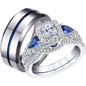 SHELOVES Wedding Rings Set for Couple Womens Cz Sterling Silver Mens Blue Tungsten Bands Him and Her