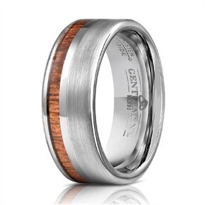 Gentlemen's Bands Men's Silver Tungsten Carbide Wedding Band - Premium Grade Tungsten Band With Koa Wood Inlay Ring for Men - Includes Silicon Band, Leather Drawstring Pouch, & Luxury Walnut Ring Box