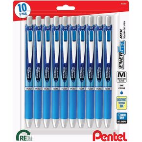 Pentel EnerGel RTX Retractable Premium Liquid Gel Pen, (0.7mm) Needle Tip, Ultra Smooth, Medium Line, Blue Ink 10 Pack, BLN77BP10C
