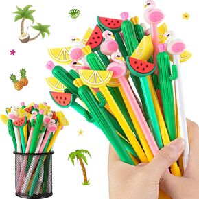 30Pcs Hawaiian Luau Ballpoint Pens, 0.5 mm Black Gel Ink Pen, Cute Flamingo Watermelon Cactus Lemon Fruit Pen for Kids Student and School Office Supplies
