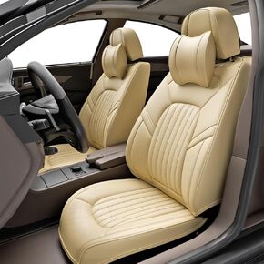 2 Pieces ZC Front Car Seat Covers, Waterproof Nappa Leather Front Car Seat Protectors with Headrests, Universal Auto Interior Fit for Sedans SUV Pick-up Truck, Beige