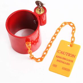 Heavy Duty Steel Kingpin Lock Wheel Trailer Lock King Pin Red Lock with Bright Yellow Caution Tag