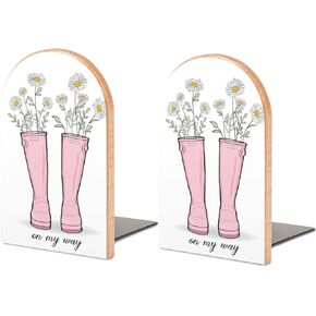 Book Ends Bookends for Shelves to Hold Books Daisies Positive Quote Flower Print Small Non-Slip Book Stoppers Wood Decorative Home Office Desk