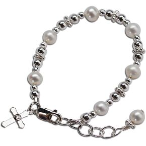 Girl's Sterling Silver Cross Bracelet for Infant Baby Baptism and First Communion Gift with Cultured Pearls