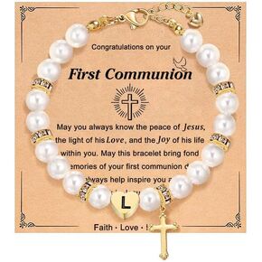 Personalized First Communion Gifts for Girls, Initial Cross Pearl Bracelet for Girls Catholic, Goddaughter Communion Gifts from Godparent