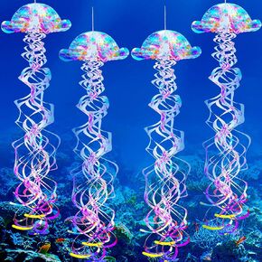 4 Pieces Glitter Iridescent Jellyfish Under The Sea Mermaid Party Decorations Hanging Jelly Fish Decor Ocean Theme Blue Birthday Wedding Baby Shower Party Supplies