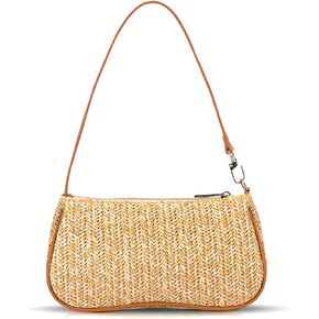 Straw Bag, Beach Bag, Hand-Woven Soft Handbag Underarm Bag, Bohemian Summer Bag Suitable for Vacation Travel Daily(Khaki)