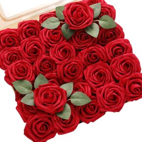 DerBlue 60pcs Artificial Roses Flowers with stem and 10pcs Green Leaves Real Looking Fake Roses Artificial Foam Roses Decoration DIY for Wedding,Arrangements Party Home Decorations