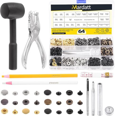 Mardatt 120 Sets Leather Snap Fasteners Kit with Installation Tools, 6 Color 12.5 mm Metal Snap Buttons Press Studs, Hole Puncher, Hammer, Setting Tools, Marker, Measuring Tape for DIY Leather in Saudi Arabia