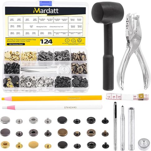 Mardatt 120 Sets Leather Snap Fasteners Kit with Installation Tools, 6 Color 12.5 mm Metal Snap Buttons Press Studs, Hole Puncher, Hammer, Setting Tools, Marker, Measuring Tape for DIY Leather in Saudi Arabia